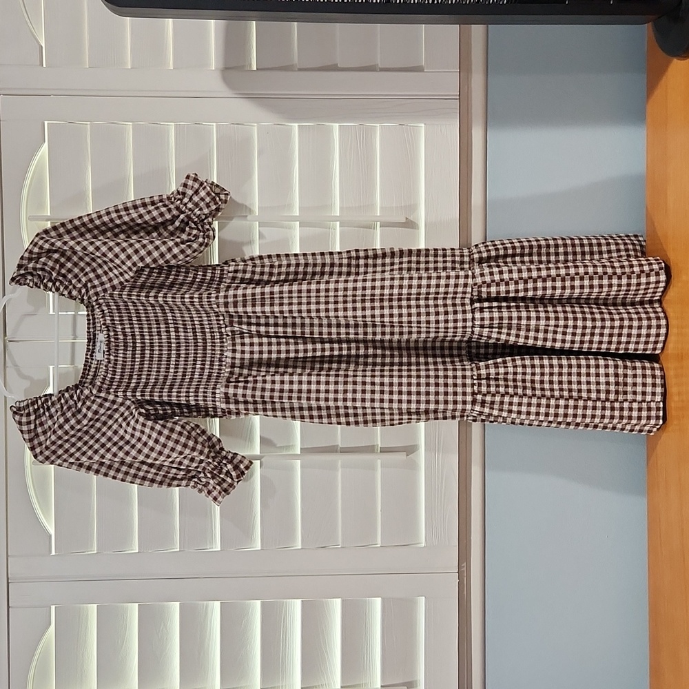 Madewell Lucie Elbow-Sleeve Smocked Midi Dress in Gingham Plaid Pockets Size XS